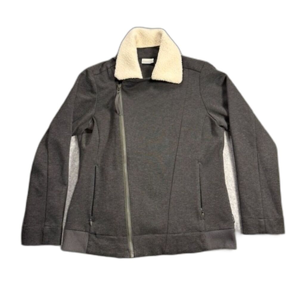 Columbia Sherpa Collar Jacket Womens M Gray Asymmetrical Zip Fleece Knit Coat